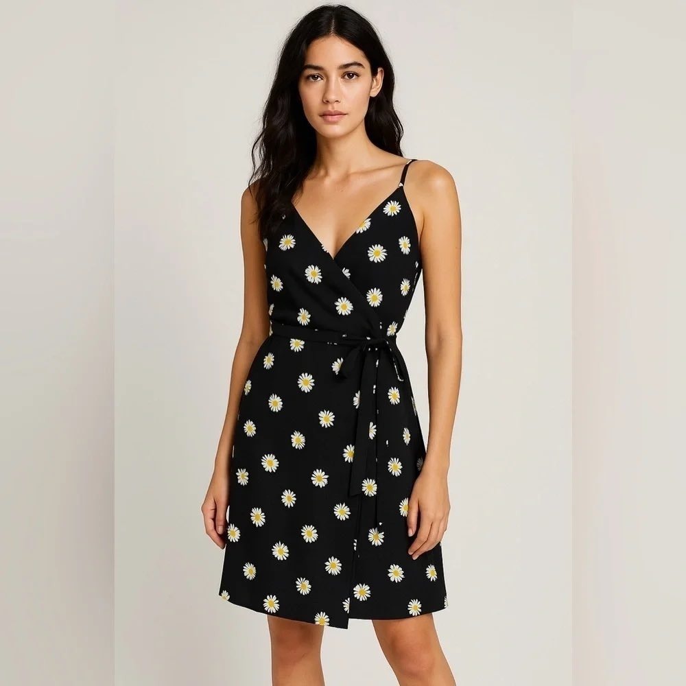 Sanctuary Black Daisy Floral Mini Wrap Dress Small CD1201GHA Adjustable Straps